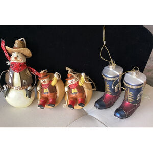 5 Cowboy Christmas Ornaments 2 Cowboy Boots, 2 Cowboys In Hats, 1 Snowman Cowboy